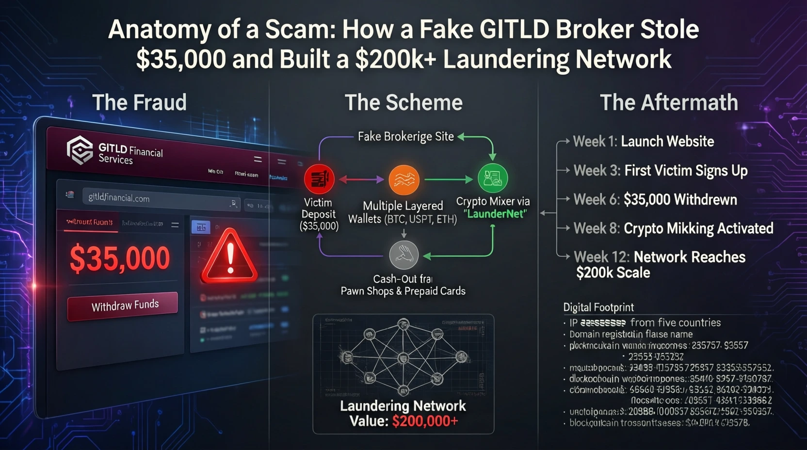 Анатомия скама: Как фальшивый брокер GITLD украл $35,000 и построил сеть отмывания на $200k+